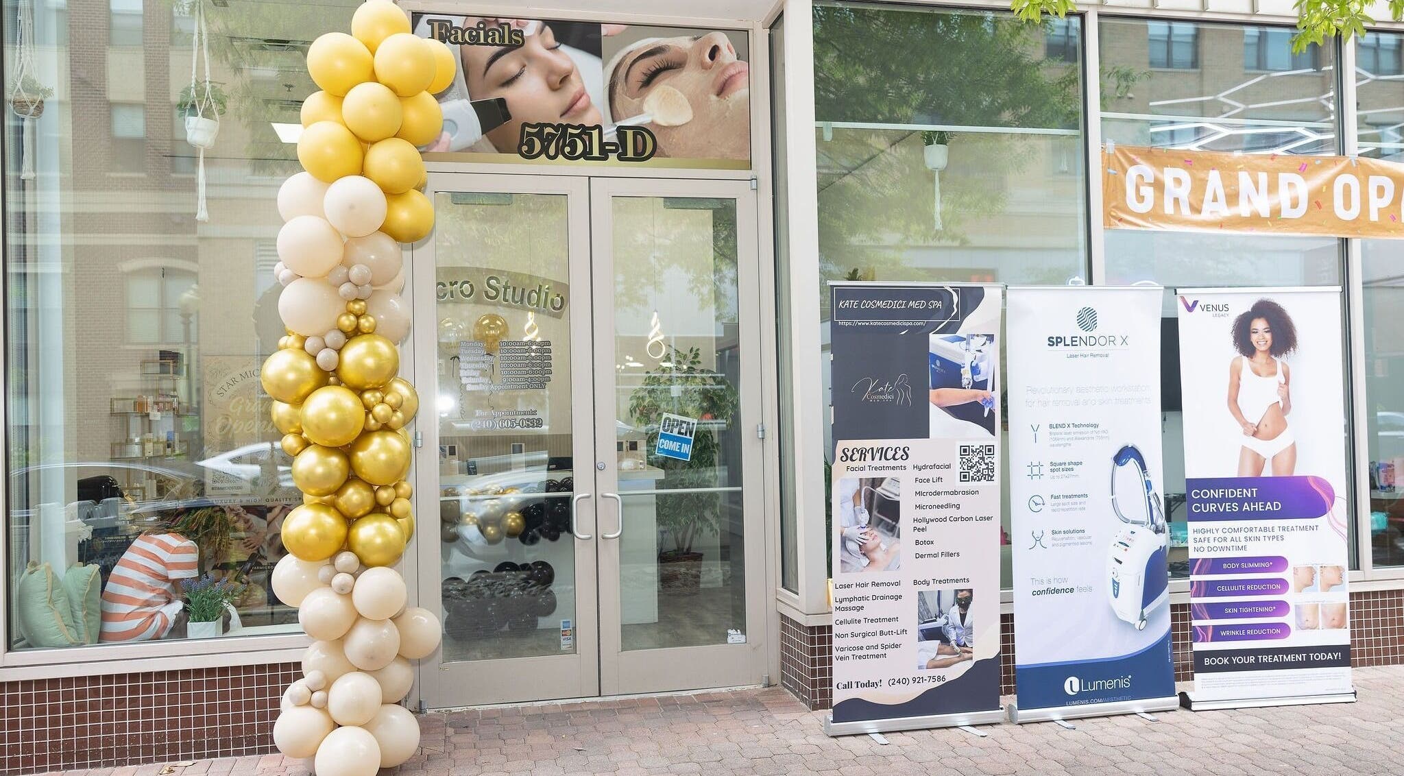 Entrance of Kate Cosmedici Spa - Rockville, adorned with gold balloons in Rockville, Maryland, US.