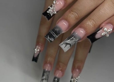 Stylish black and pink nail art with silver accents by Nailsbyshyy, Oshawa, Ontario, CA.