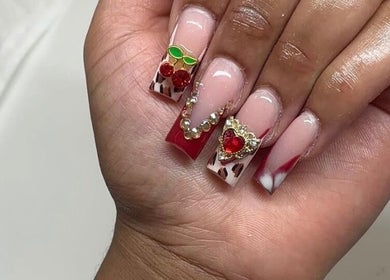 Stylish nail art with cherries and hearts at Nailsbyshyy, Oshawa, Ontario, CA.