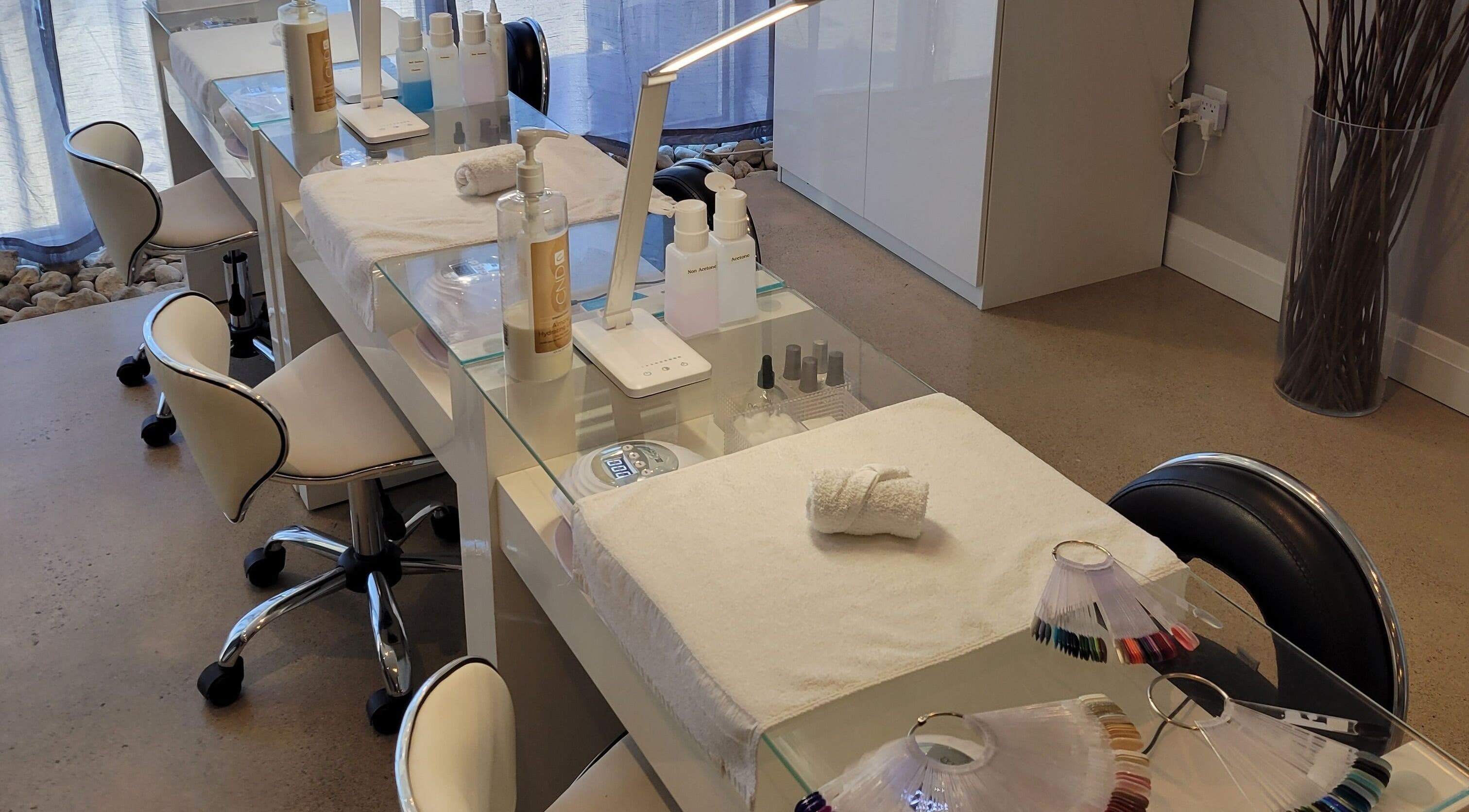 Nail care station at Wave Wellness Retreat and Spa, Tillsonburg, Ontario, CA. Modern, relaxing, and well-equipped.