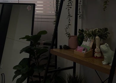 Chic decor setup at Gel X By Grace, Joondalup, Western Australia. Features plants and decorative figurines.