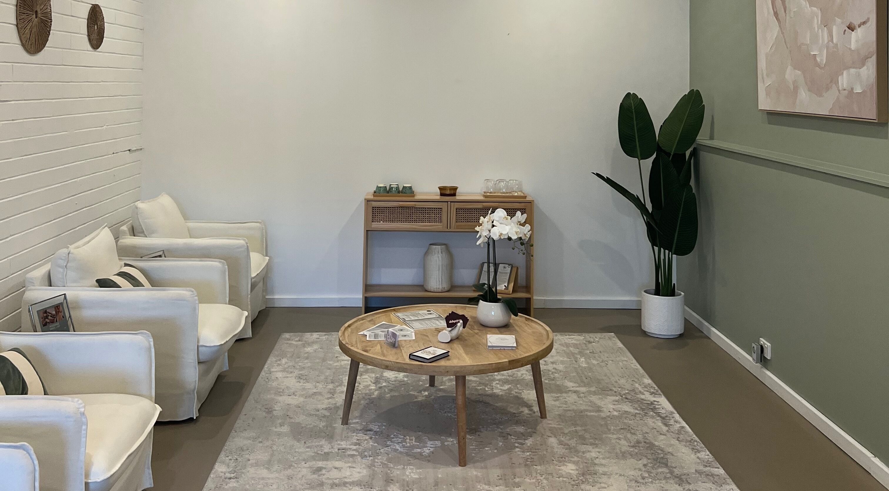 Cozy waiting area at Haruka Lashes and Brows Japanese Salon, Subiaco, Western Australia, AU with plush seating.
