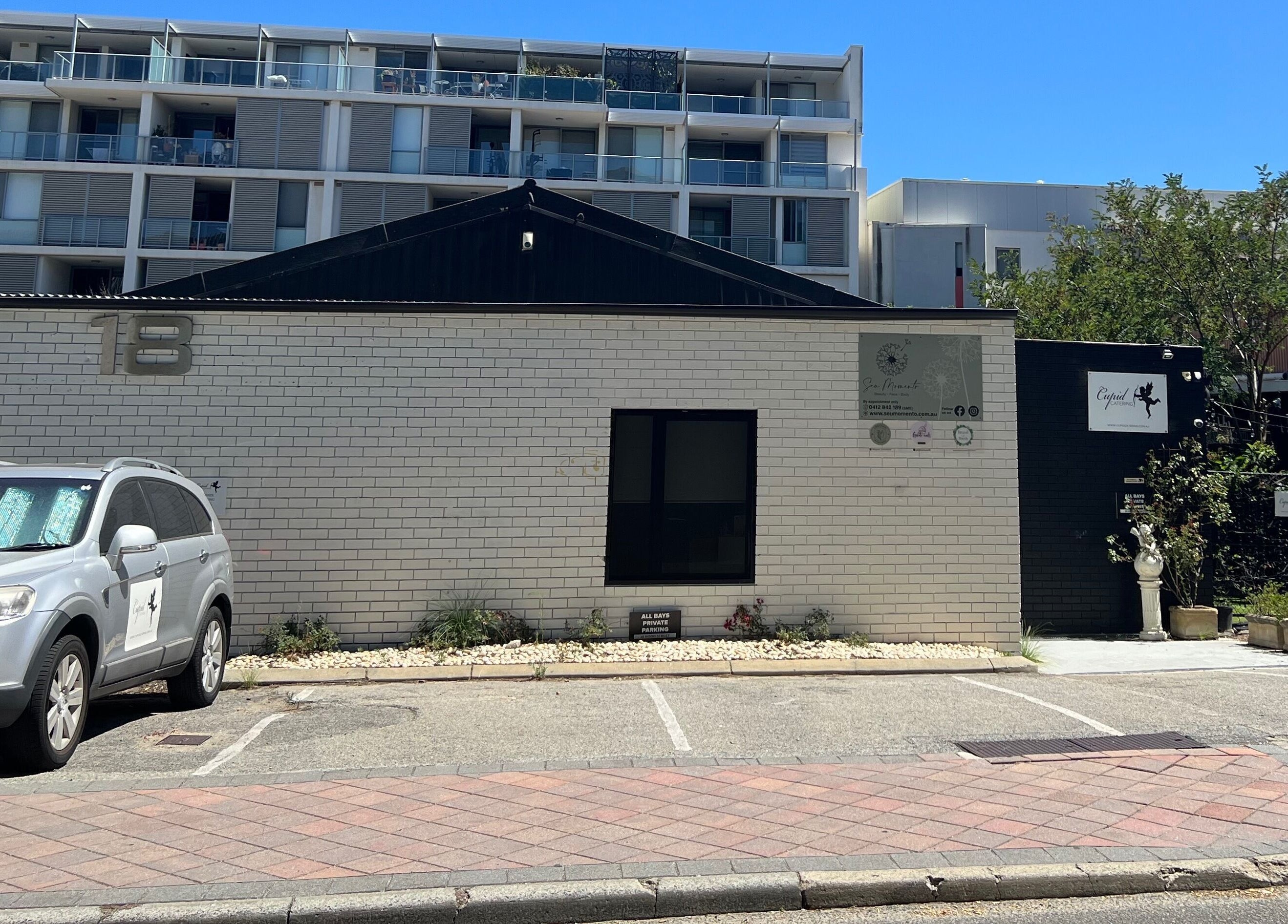 Front view of Haruka Lashes and Brows Japanese Salon in Subiaco, Western Australia, showcasing entrance and private parking.