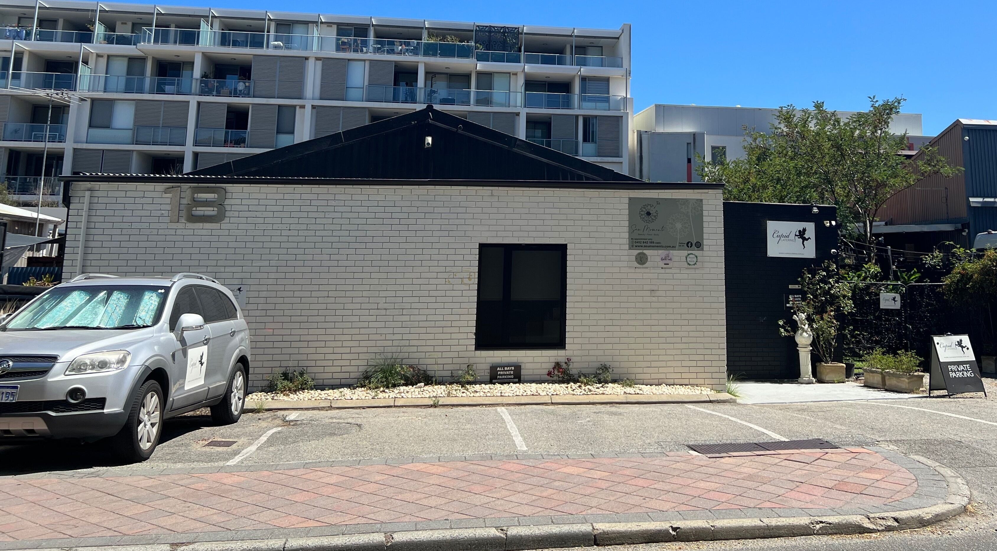 Front view of Haruka Lashes and Brows Japanese Salon in Subiaco, Western Australia, showcasing entrance and private parking.