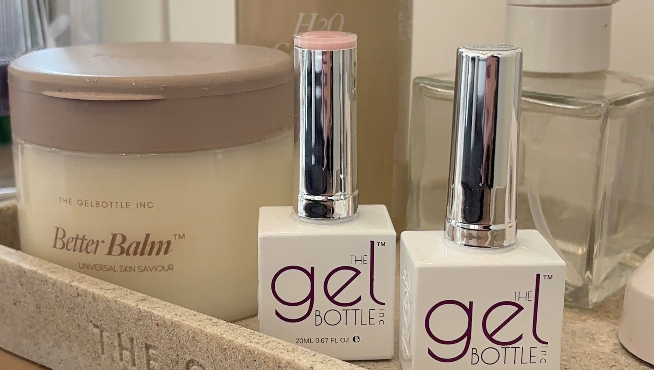 Nail and skin care products displayed at Beauty By Katie Davies, Neath, Wales, GB, highlighting premium brands.