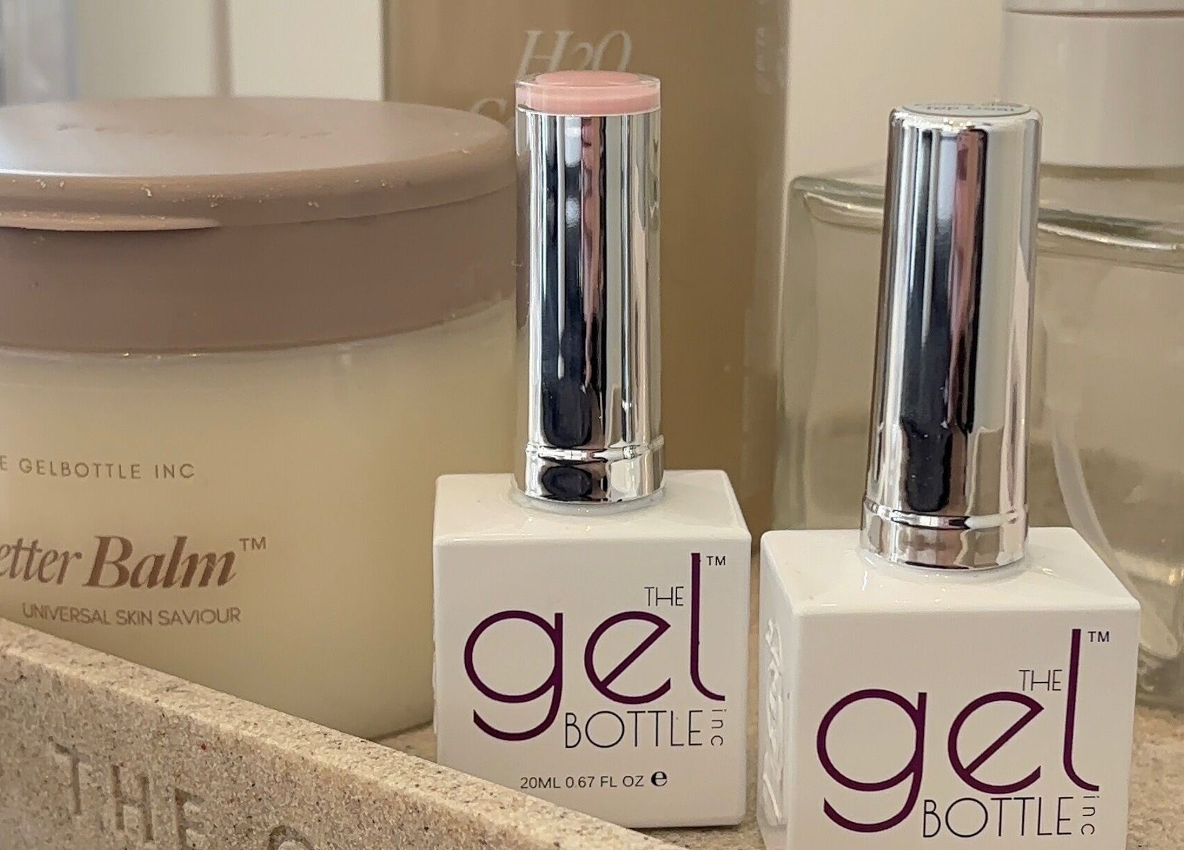 Nail and skin care products displayed at Beauty By Katie Davies, Neath, Wales, GB, highlighting premium brands.