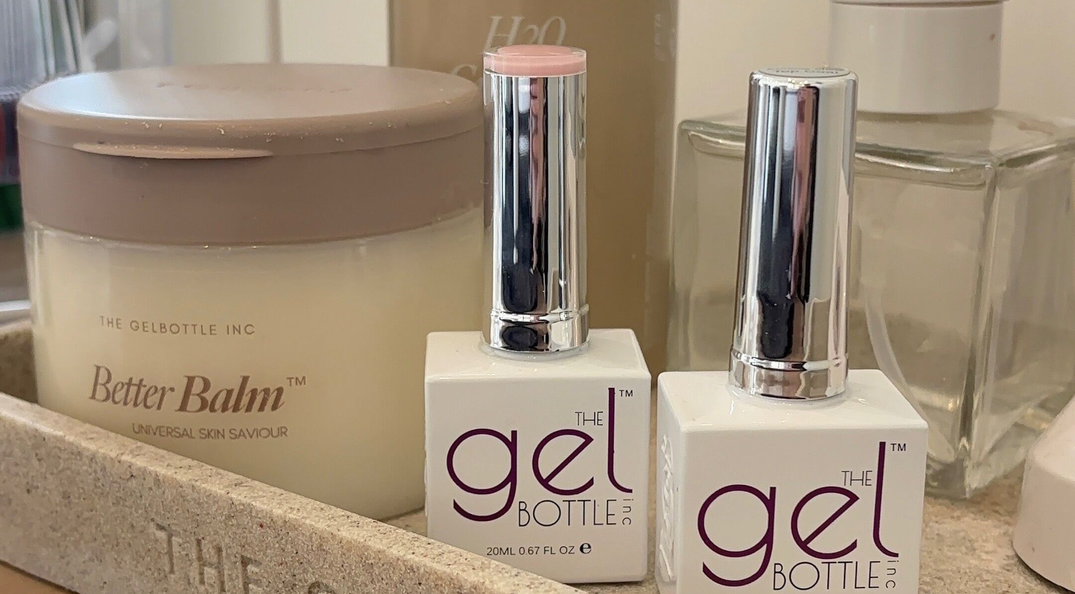 Nail and skin care products displayed at Beauty By Katie Davies, Neath, Wales, GB, highlighting premium brands.