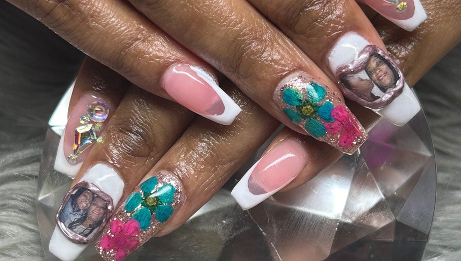 Intricate floral and photo nail art at PurpLust Nails in Hazelwood, Missouri, US.