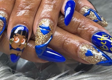 Blue and gold artistic nails at PurpLust Nails, Hazelwood, Missouri, US.