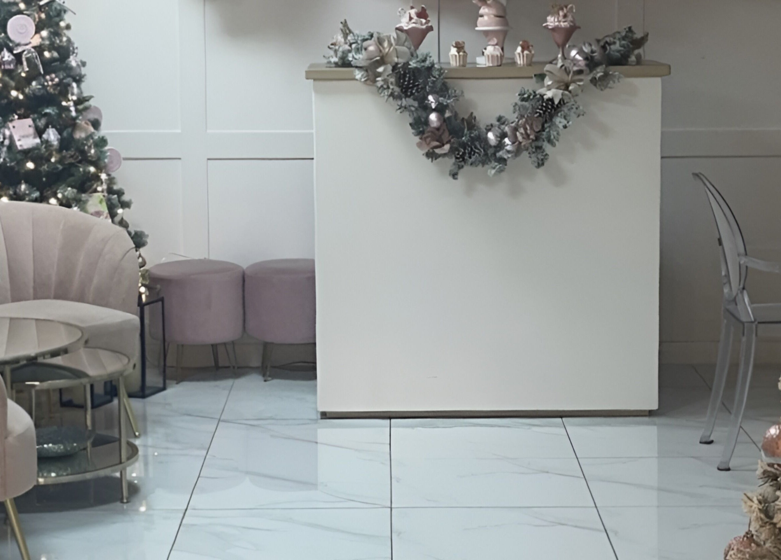 Stylish reception area at KC Butterflies, Armthorpe, England, GB, featuring festive and elegant decorations.