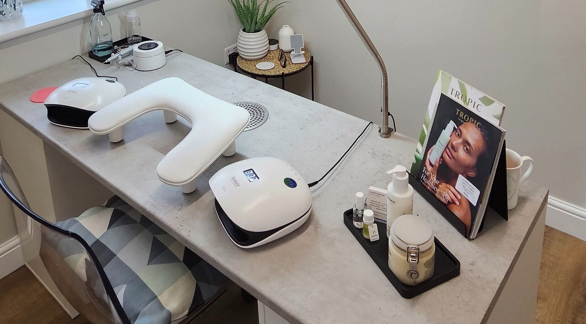 Chic nail station at Lady C's Beauty Boutique in Oldham, England, GB featuring elegant manicure tools and products.