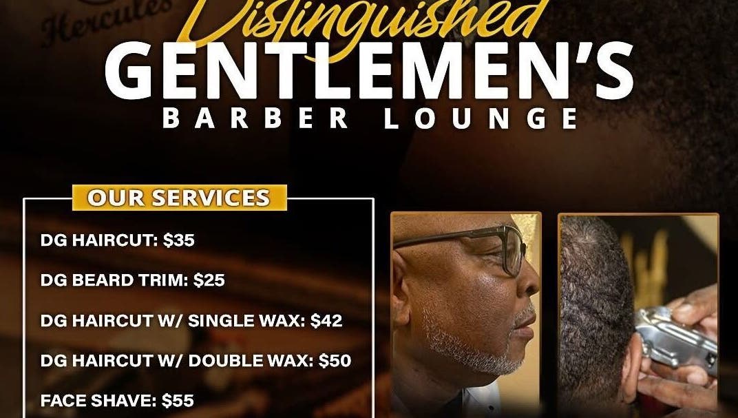 Services list at Distinguished Barber Lounge LLC, Maricopa, Arizona, US, featuring haircuts and beard trims.