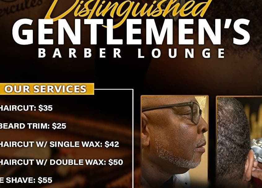Services list at Distinguished Barber Lounge LLC, Maricopa, Arizona, US, featuring haircuts and beard trims.