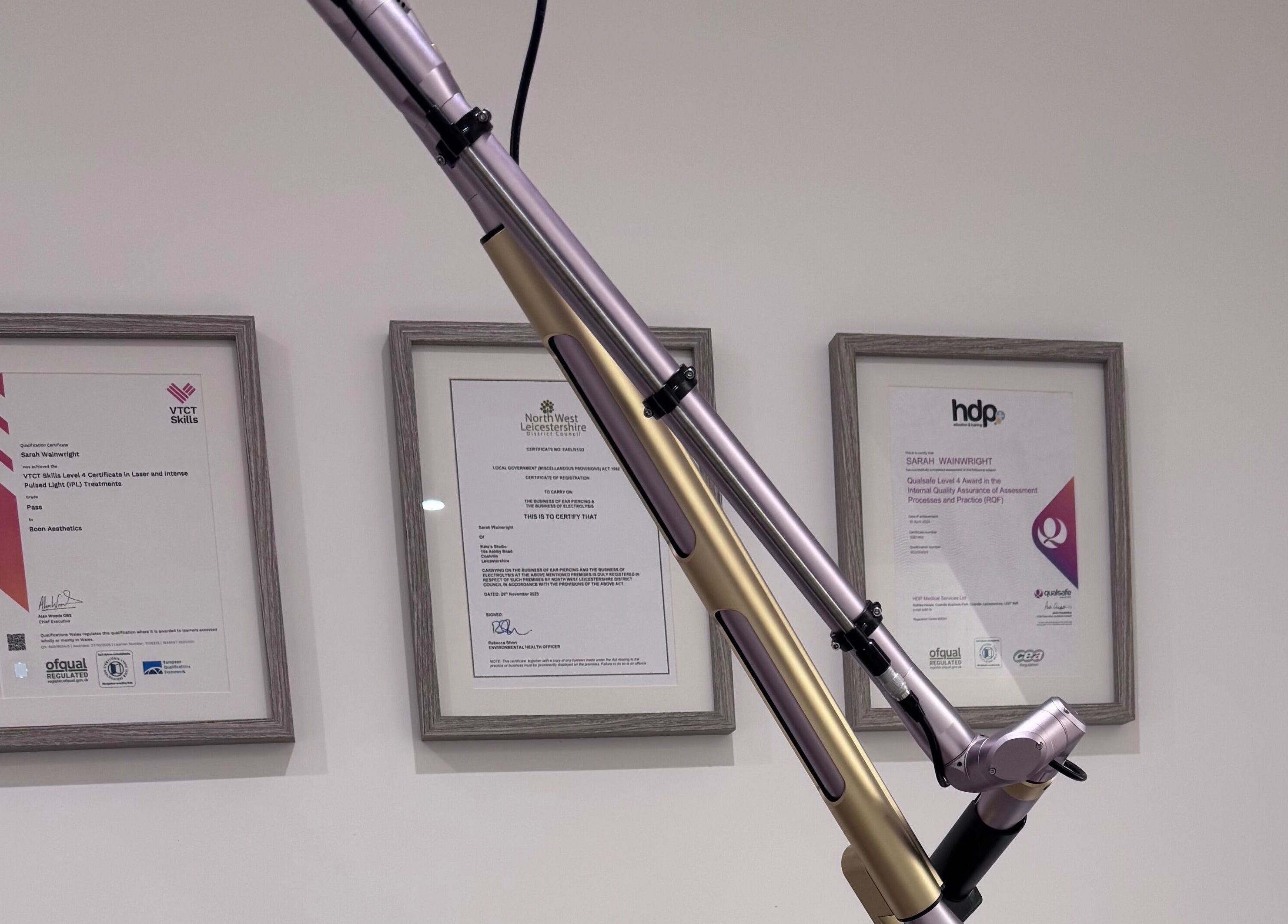 Professional laser equipment and certificates at Vibe Beauty And Training Ltd, Coalville, England, GB.
