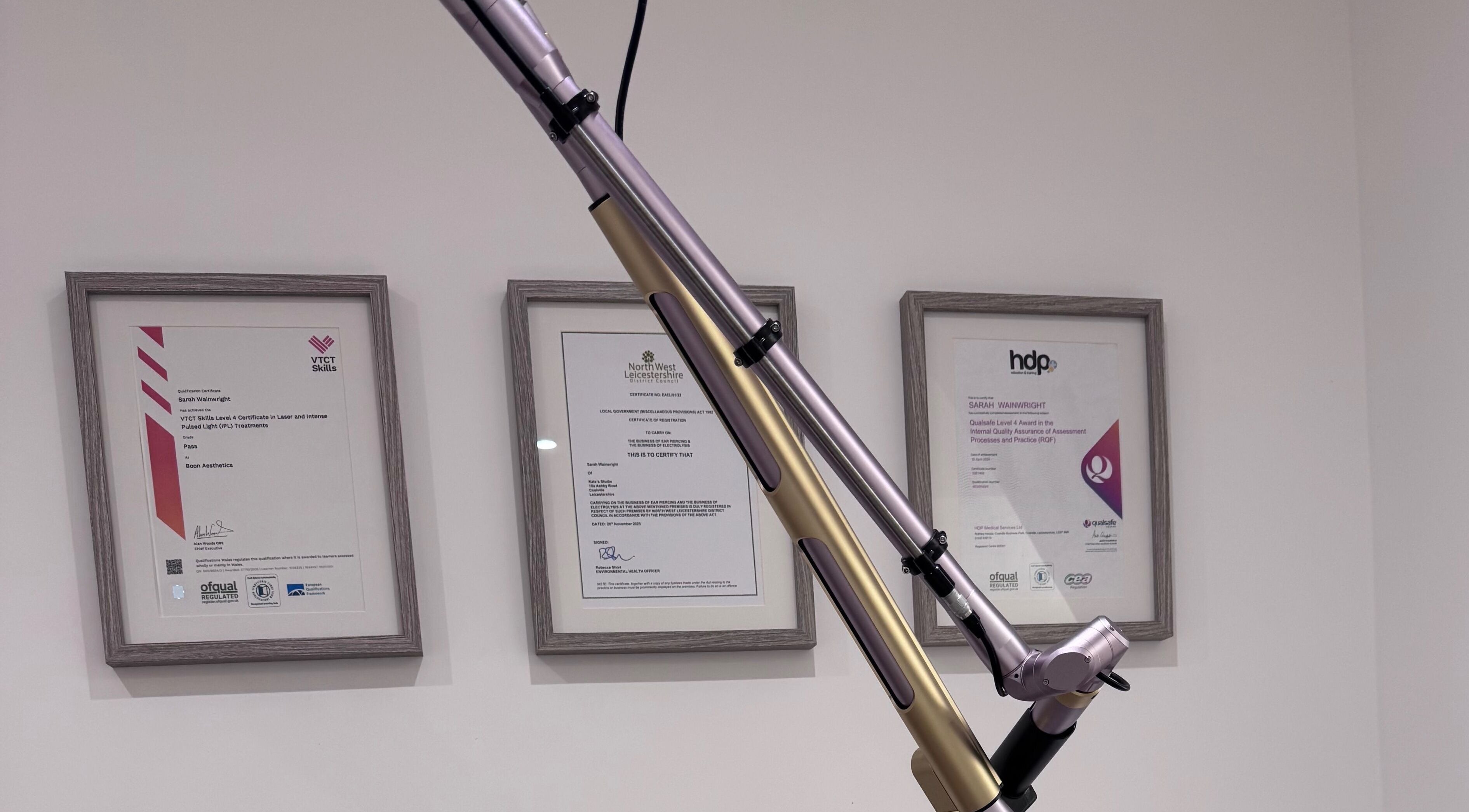Professional laser equipment and certificates at Vibe Beauty And Training Ltd, Coalville, England, GB.