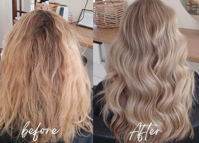 Stunning hair transformation at Leane Hsalon, Boksburg, Gauteng, ZA. Frizzy to sleek and wavy blonde locks.