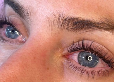 Close-up of enhanced lashes at Lash Goddess Beauty Bar, Coquitlam, British Columbia, CA.