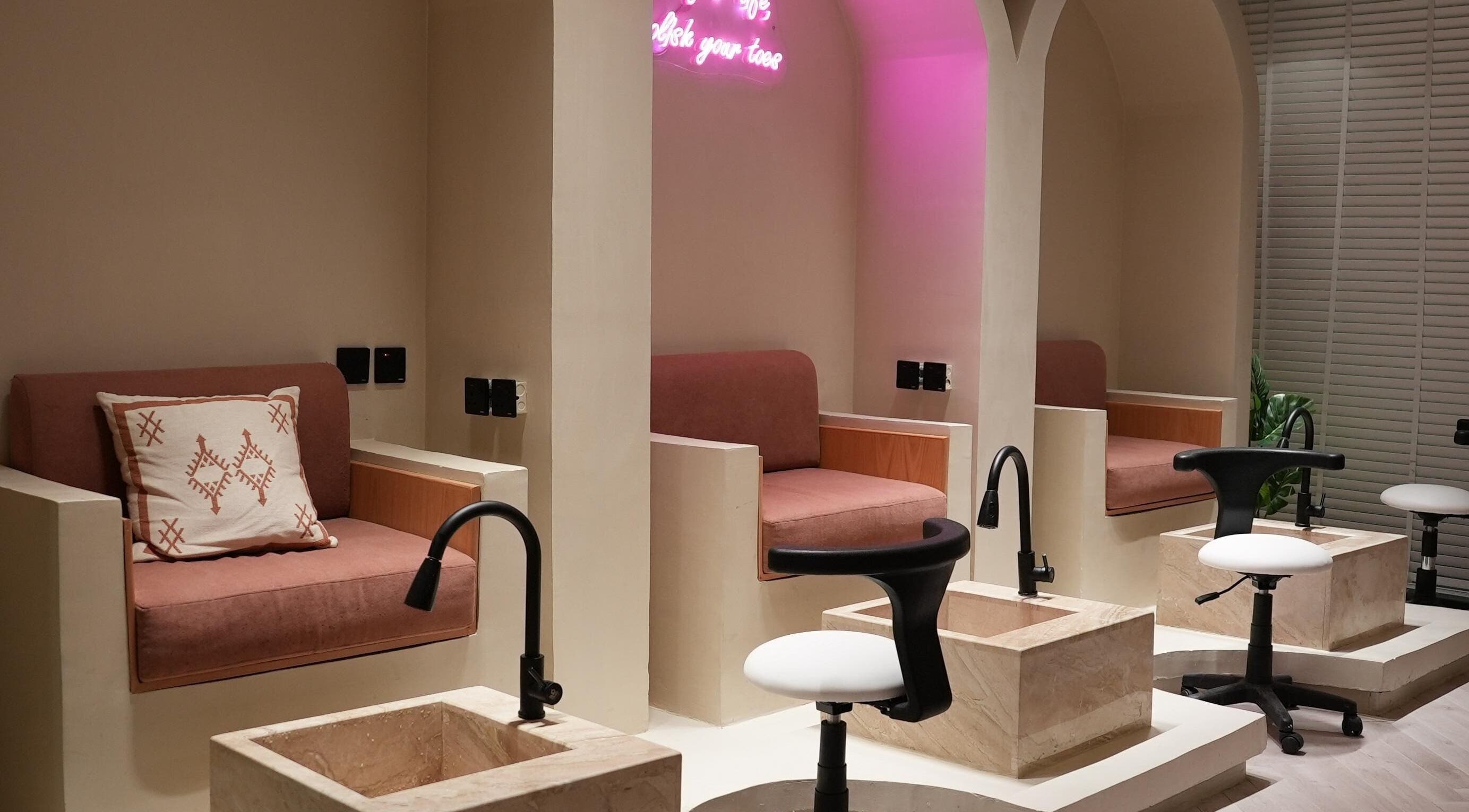 Elegant pedicure stations at Zen Spa I زن سبا in Samitah, Jazan Province, SA with plush seating and modern design.