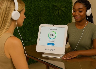 Headphone-clad women at Being | Fourways, Sandton, Gauteng, ZA, engaging in a 75% complete wellness assessment.
