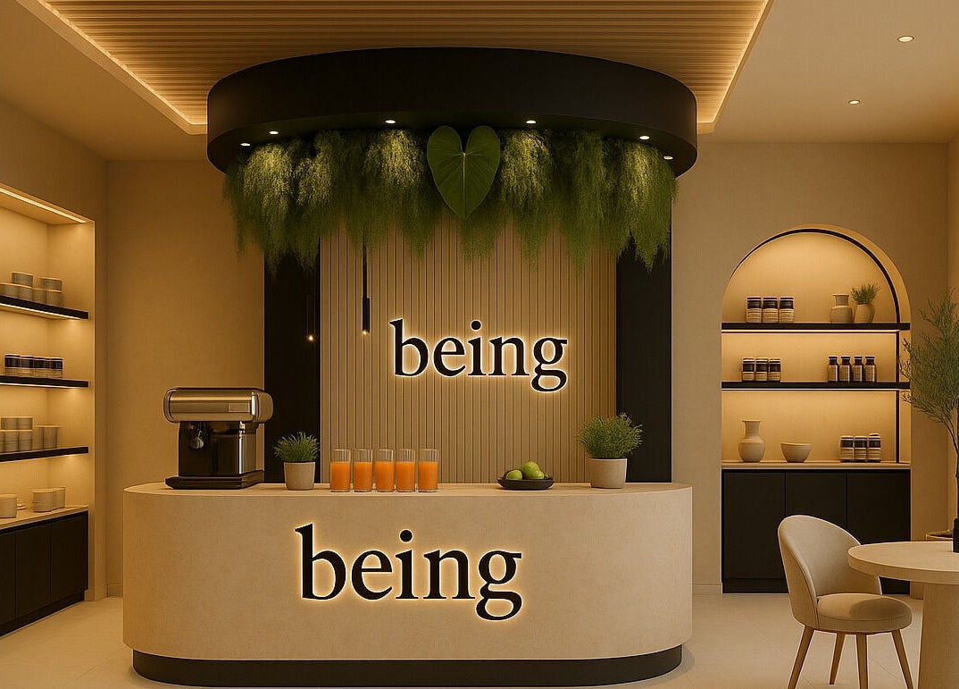 Inviting reception area at being | Bryanston, Sandton, Gauteng, ZA, featuring natural decor and calming tones.