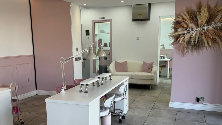 Chic and modern interior of Blossom Salon, Shrewsbury, England, GB, featuring elegant decor and welcoming space.