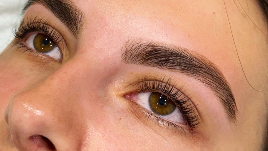 Close-up of perfectly shaped eyebrows at Georgia May Therapies in Shrewsbury, England, GB.
