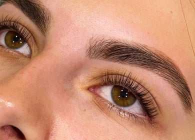 Close-up of perfectly shaped eyebrows at Georgia May Therapies in Shrewsbury, England, GB.