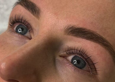 Close-up of beautifully styled eyebrows and lashes at Georgia May Therapies, Shrewsbury, England, GB.