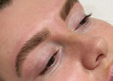 Close-up of perfectly shaped eyebrows at Georgia May Therapies, Shrewsbury, England, GB.