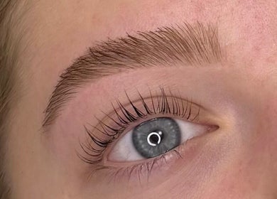 Close-up of a well-groomed eyebrow and lashes at Georgia May Therapies, Shrewsbury, England, GB.