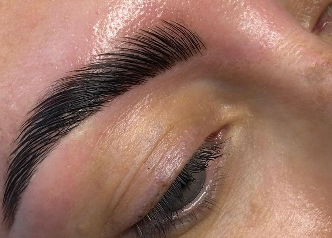 Close-up of expertly groomed eyebrow at Pout & B(r)ow, Southwick, England, GB.
