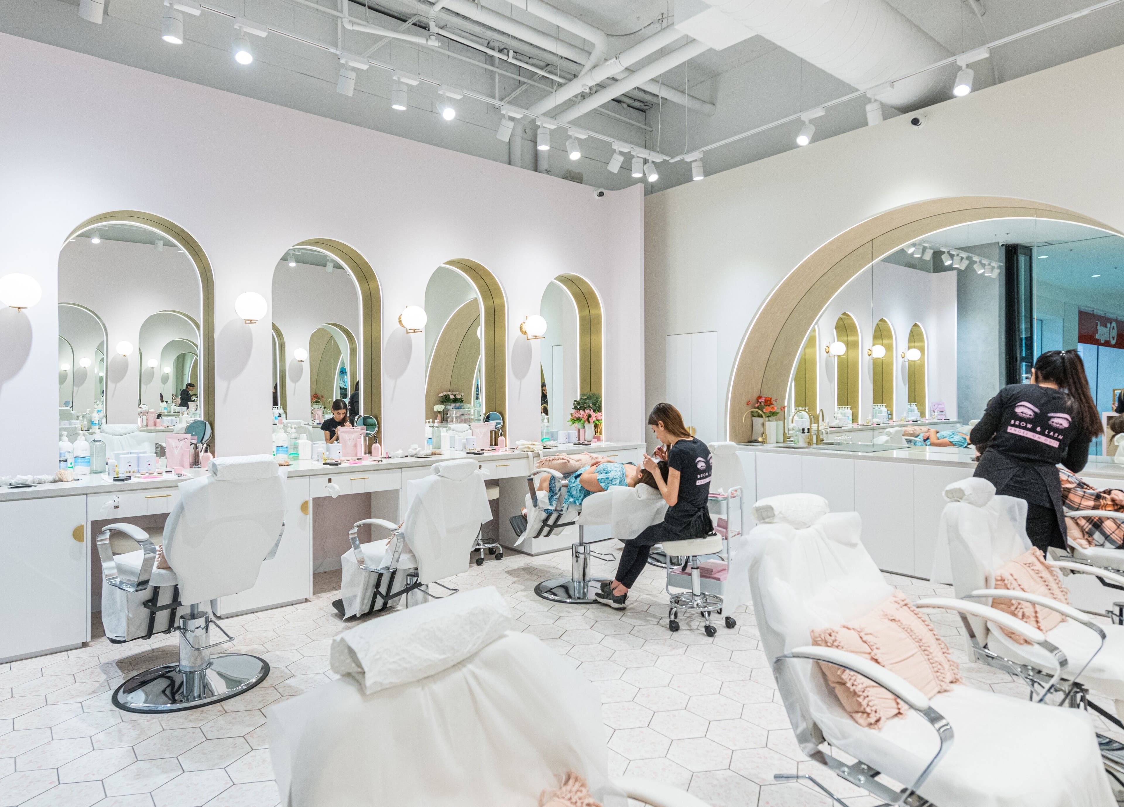 Stylish interior of Browco Brow & Lash Bar - Castle Towers in Castle Hill, New South Wales, AU. Modern beauty chairs.