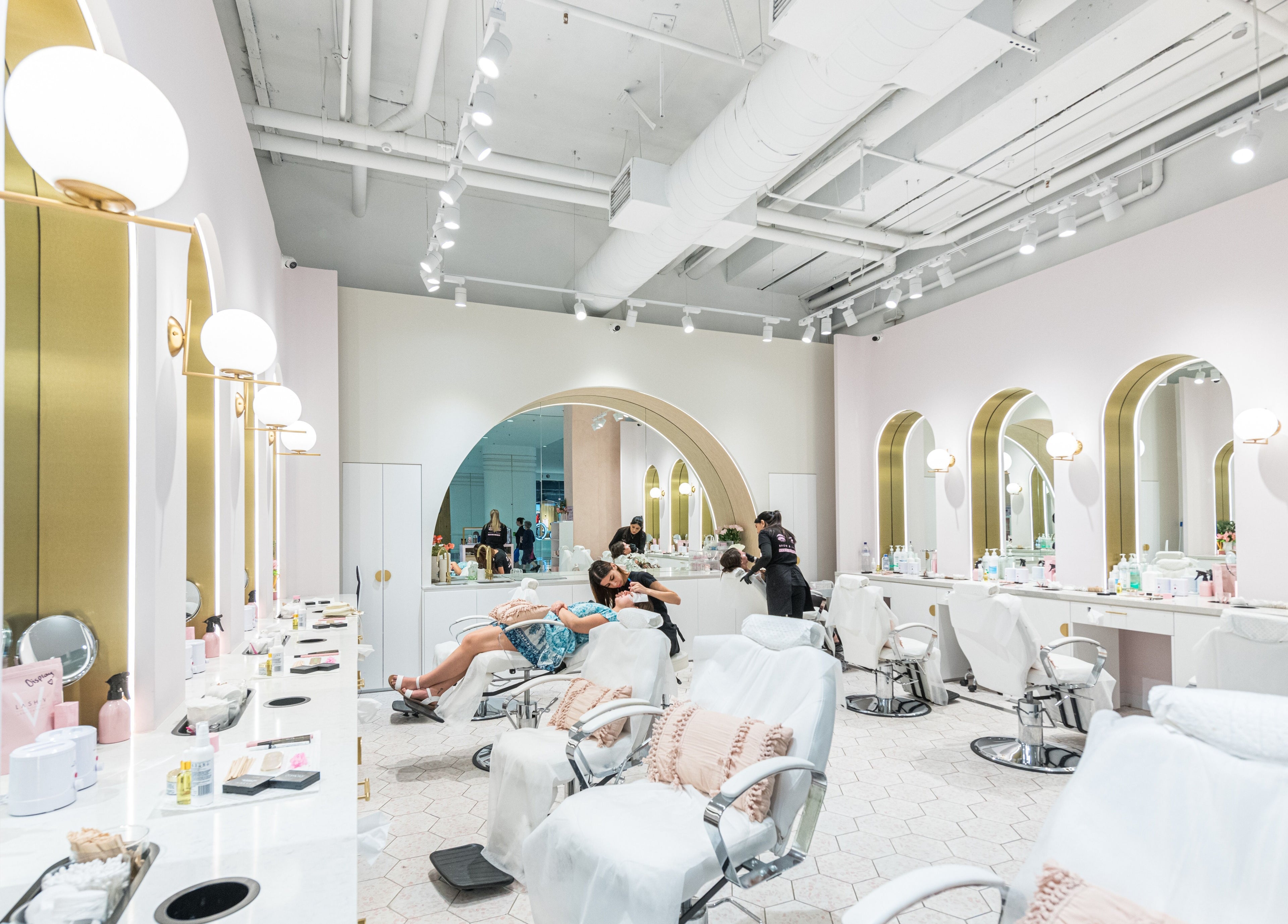 Elegant interior of Browco Brow & Lash Bar - Castle Towers in Castle Hill, New South Wales, AU with beauty stations.