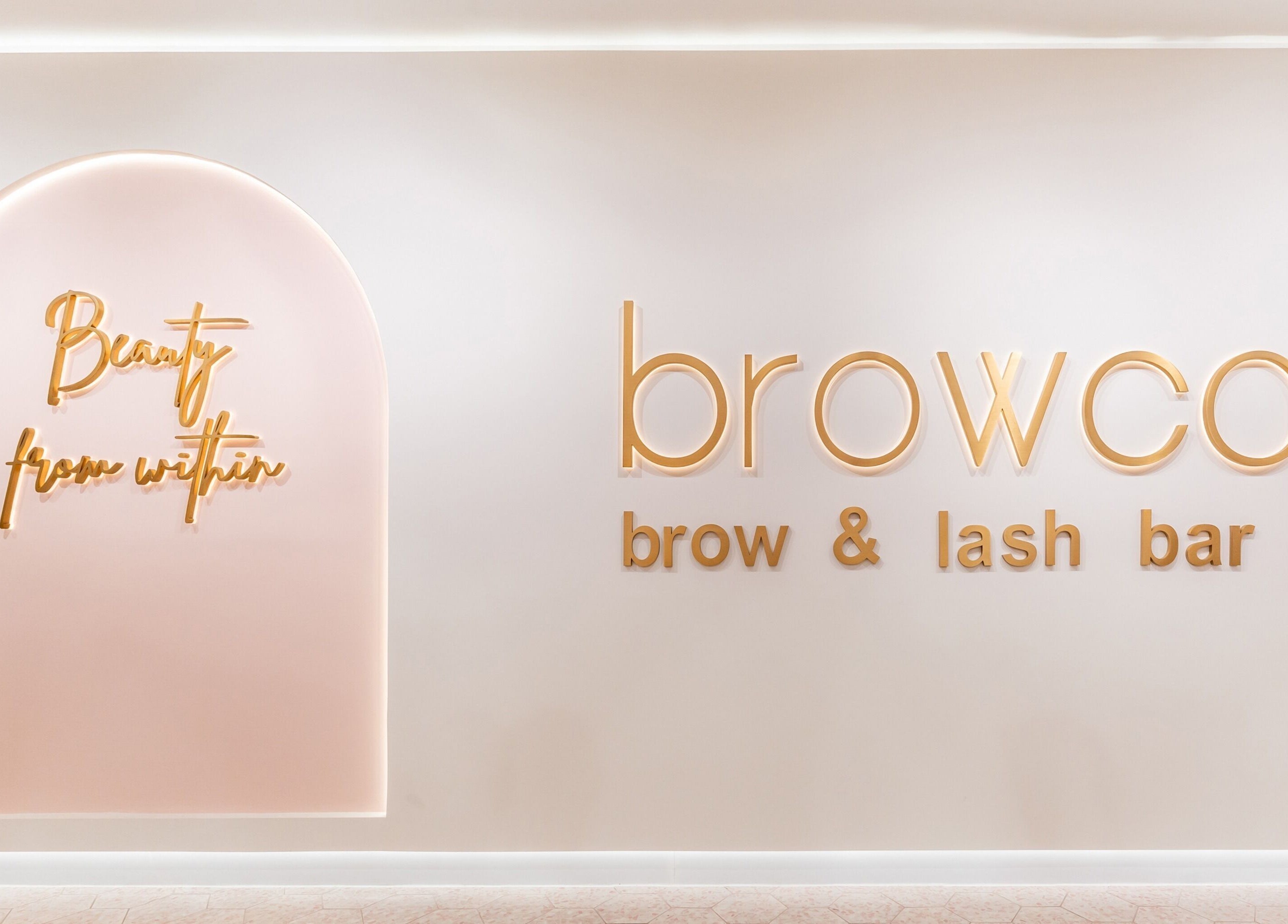 Stylish signage at Browco Brow & Lash Bar - Sunshine Plaza, Maroochydore, Queensland, AU.
