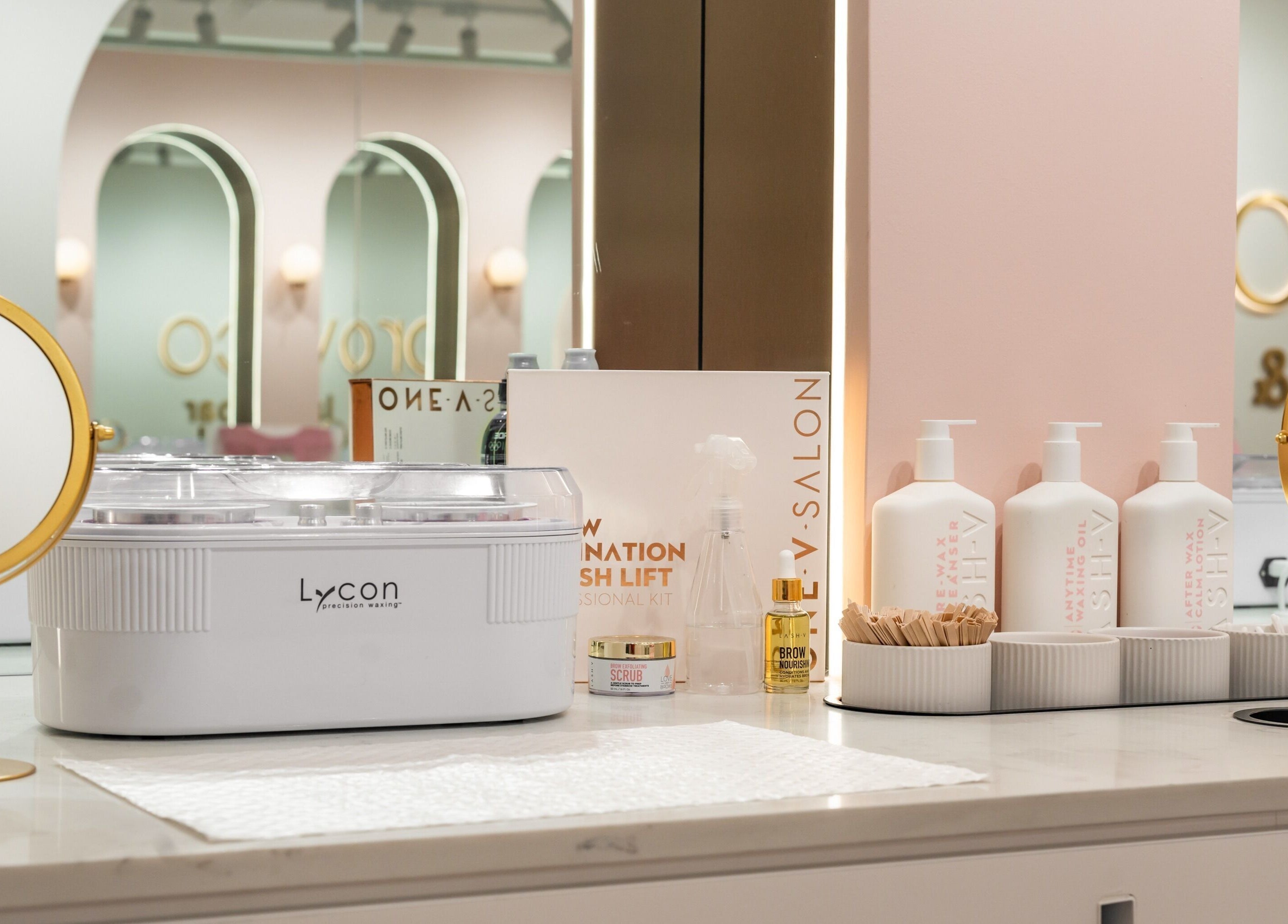 Beauty products displayed at Browco Brow & Lash Bar - Sunshine Plaza, Maroochydore, Queensland, AU.