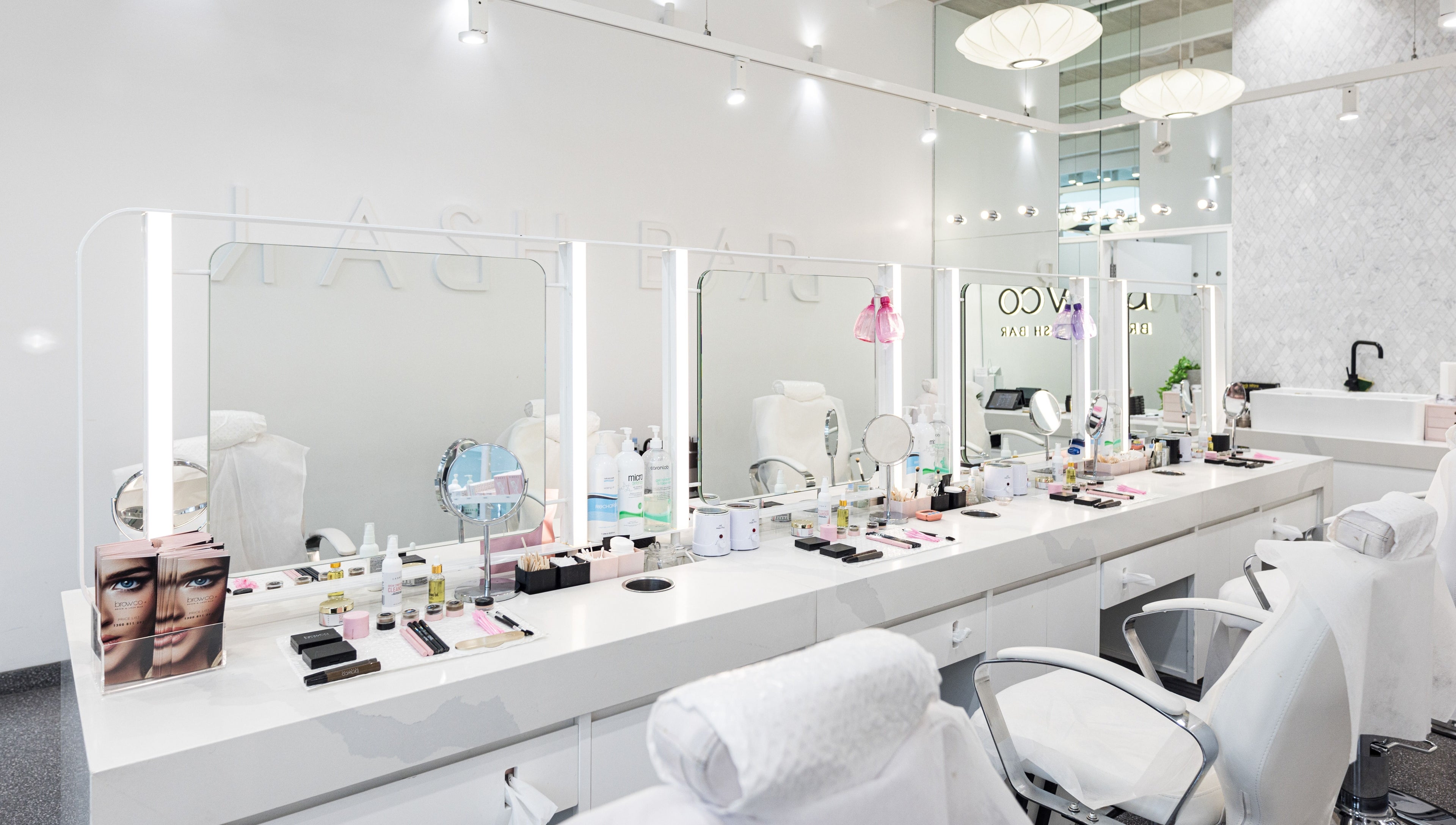 Interior of Browco Brow & Lash Bar - Kotara Westfield, Kotara, New South Wales, AU, showcasing elegant beauty stations.