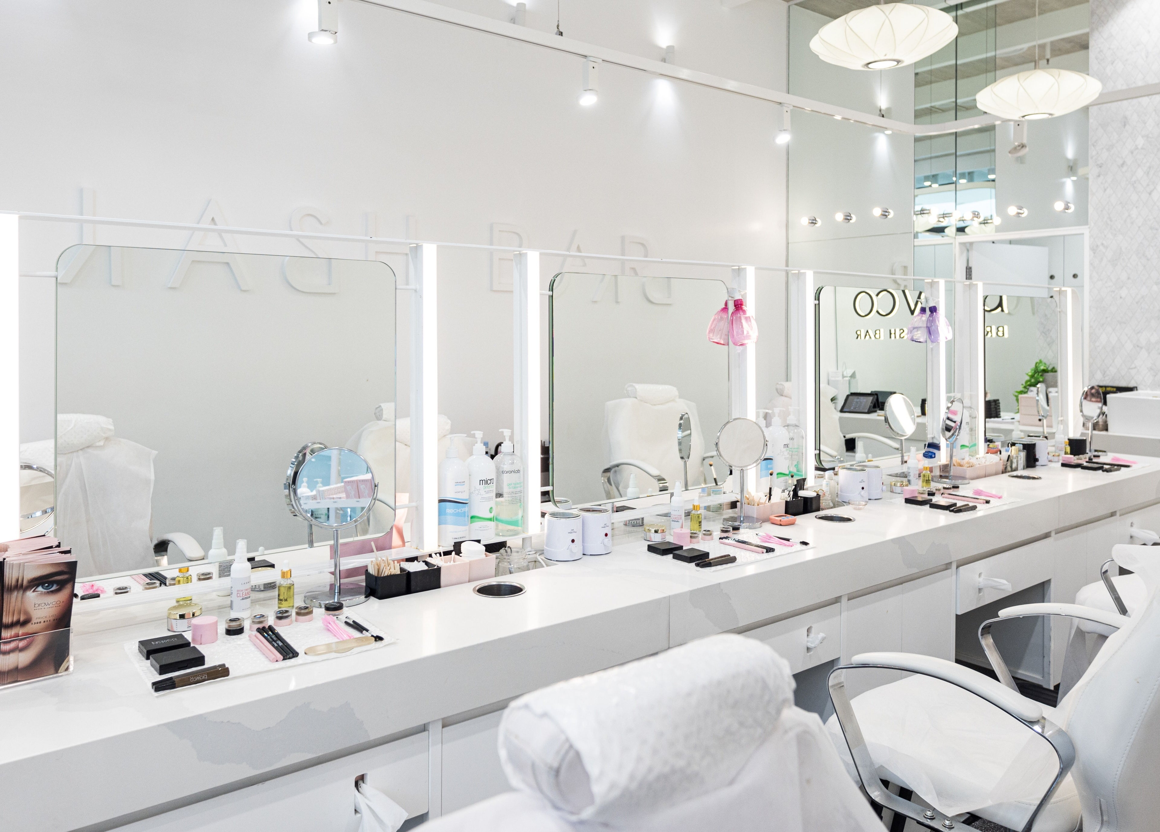 Interior of Browco Brow & Lash Bar - Kotara Westfield, Kotara, New South Wales, AU, showcasing elegant beauty stations.