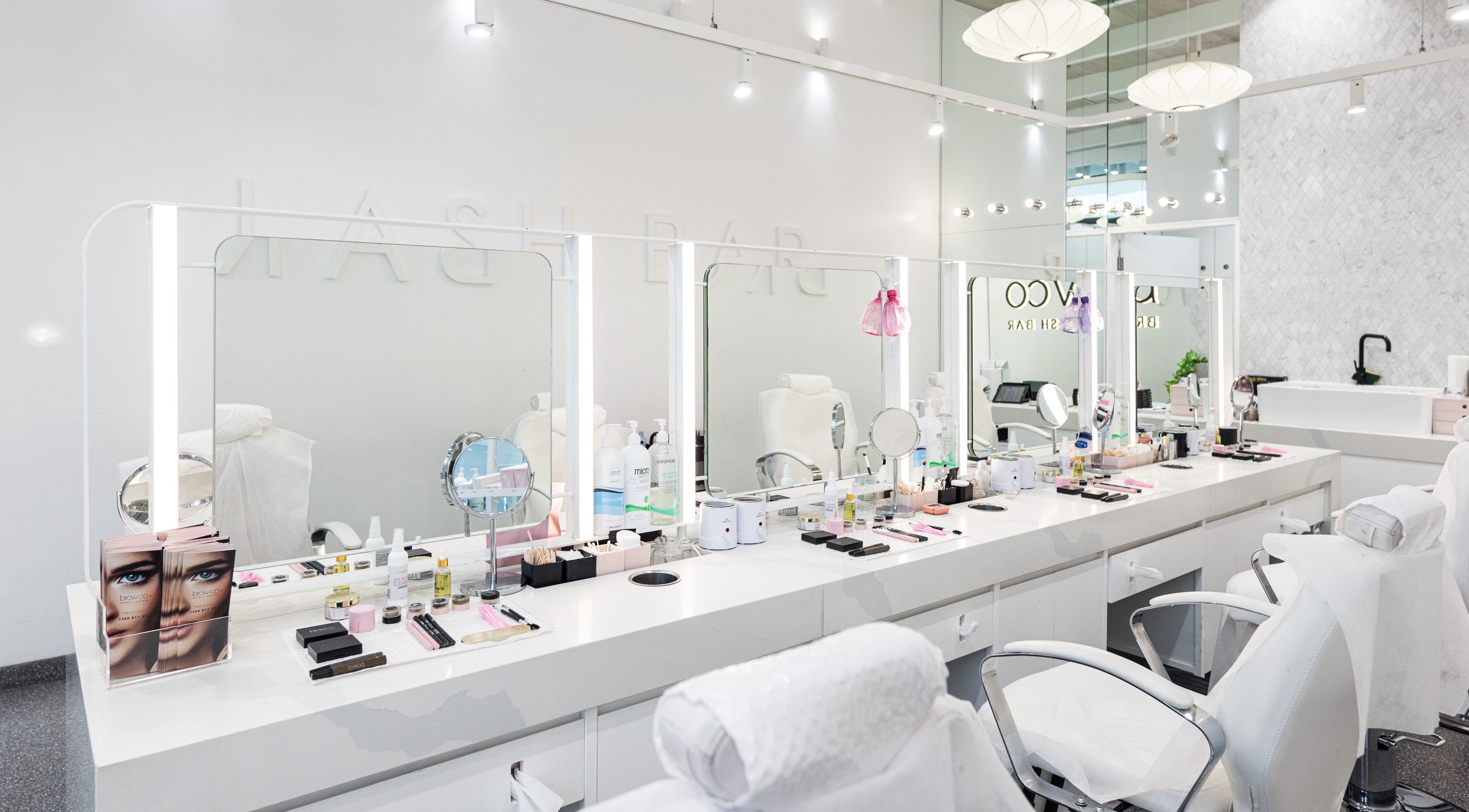 Interior of Browco Brow & Lash Bar - Kotara Westfield, Kotara, New South Wales, AU, showcasing elegant beauty stations.