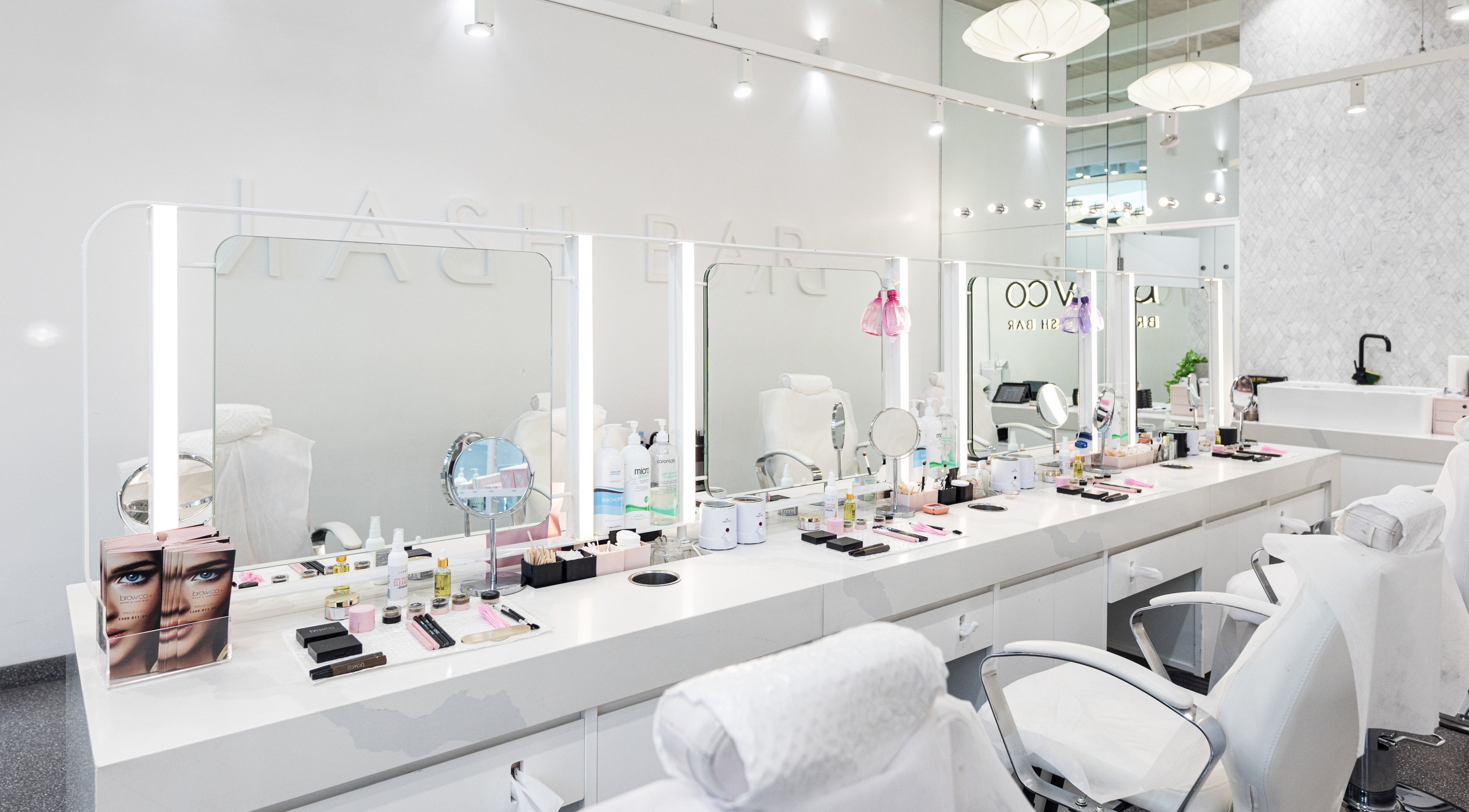 Interior of Browco Brow & Lash Bar - Kotara Westfield, Kotara, New South Wales, AU, showcasing elegant beauty stations.
