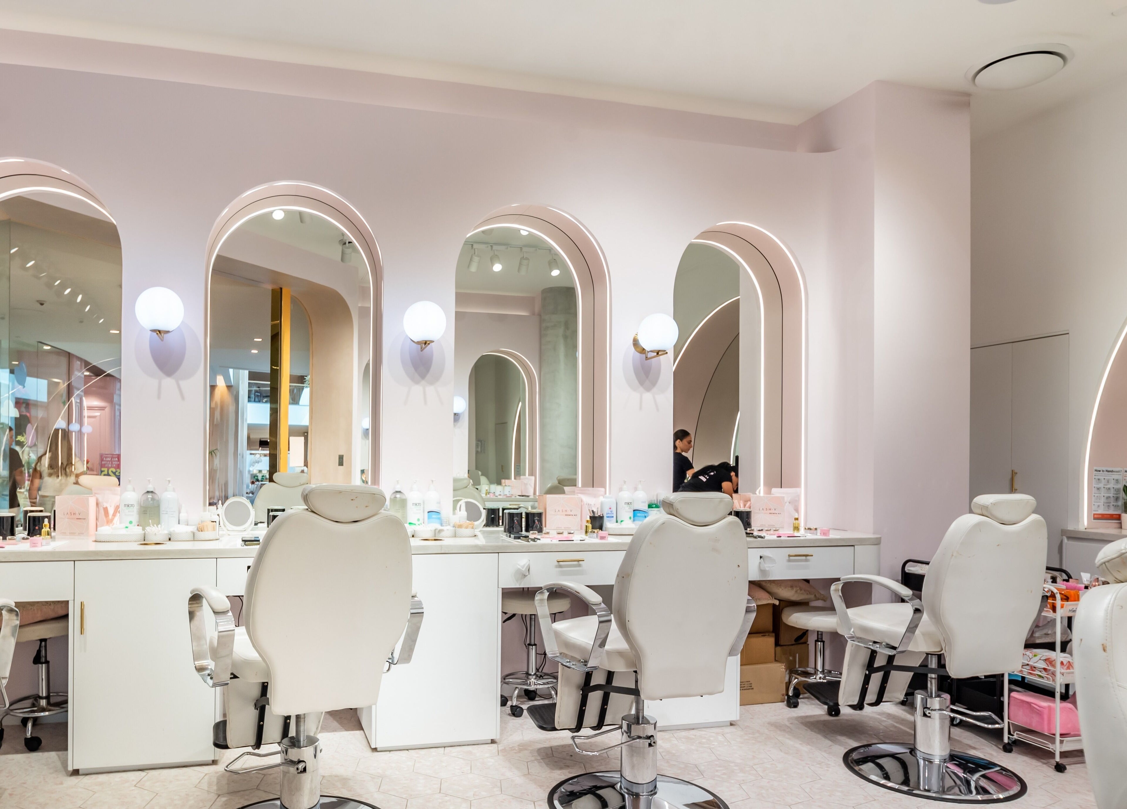 Interior of Browco Brow & Lash Bar - Miranda Westfield, showcasing elegant beauty chairs in Miranda, New South Wales, AU.
