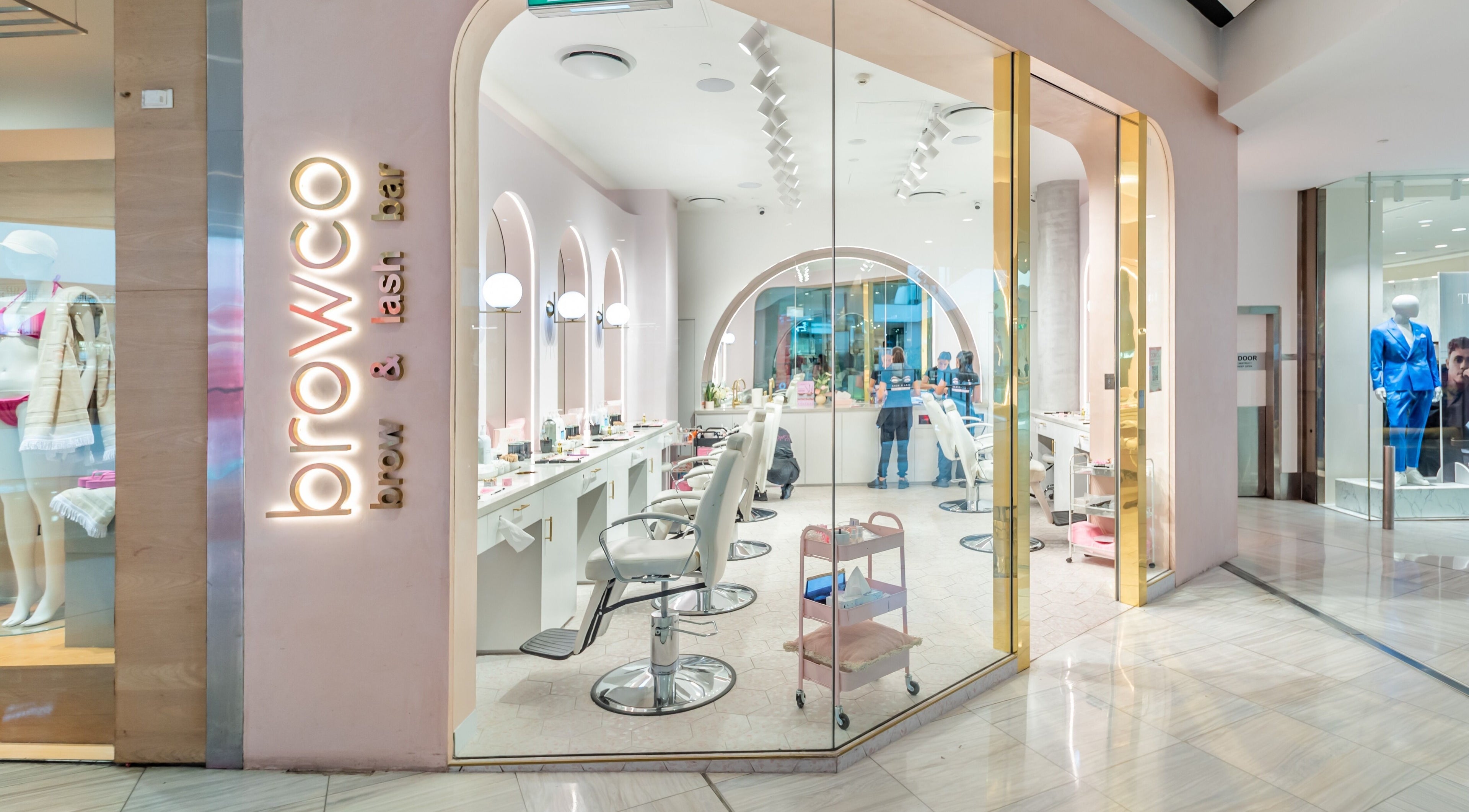 Bright, modern interior of Browco Brow & Lash Bar - Miranda Westfield in Miranda, New South Wales, AU.