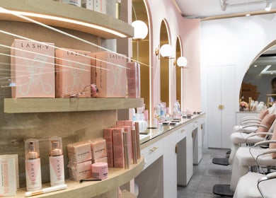 Beauty shelves at Browco Brow & Lash Bar - Bondi Junction Westfield, Bondi Junction, NSW, AU, showcasing products.