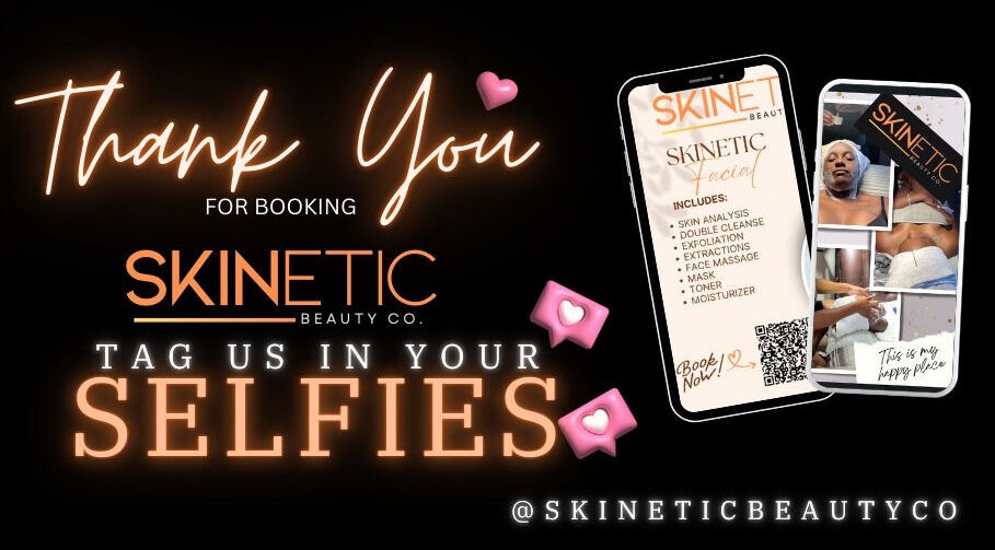 Thank you message from Skinetic Beauty Co. in Dallas, Texas, US with client selfies and facial service details.