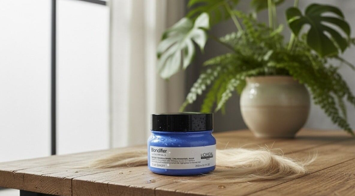 Producto capilar en mesa de madera en Janas Room, Panamá, Provincia De Panamá, PA, junto a una planta verde.