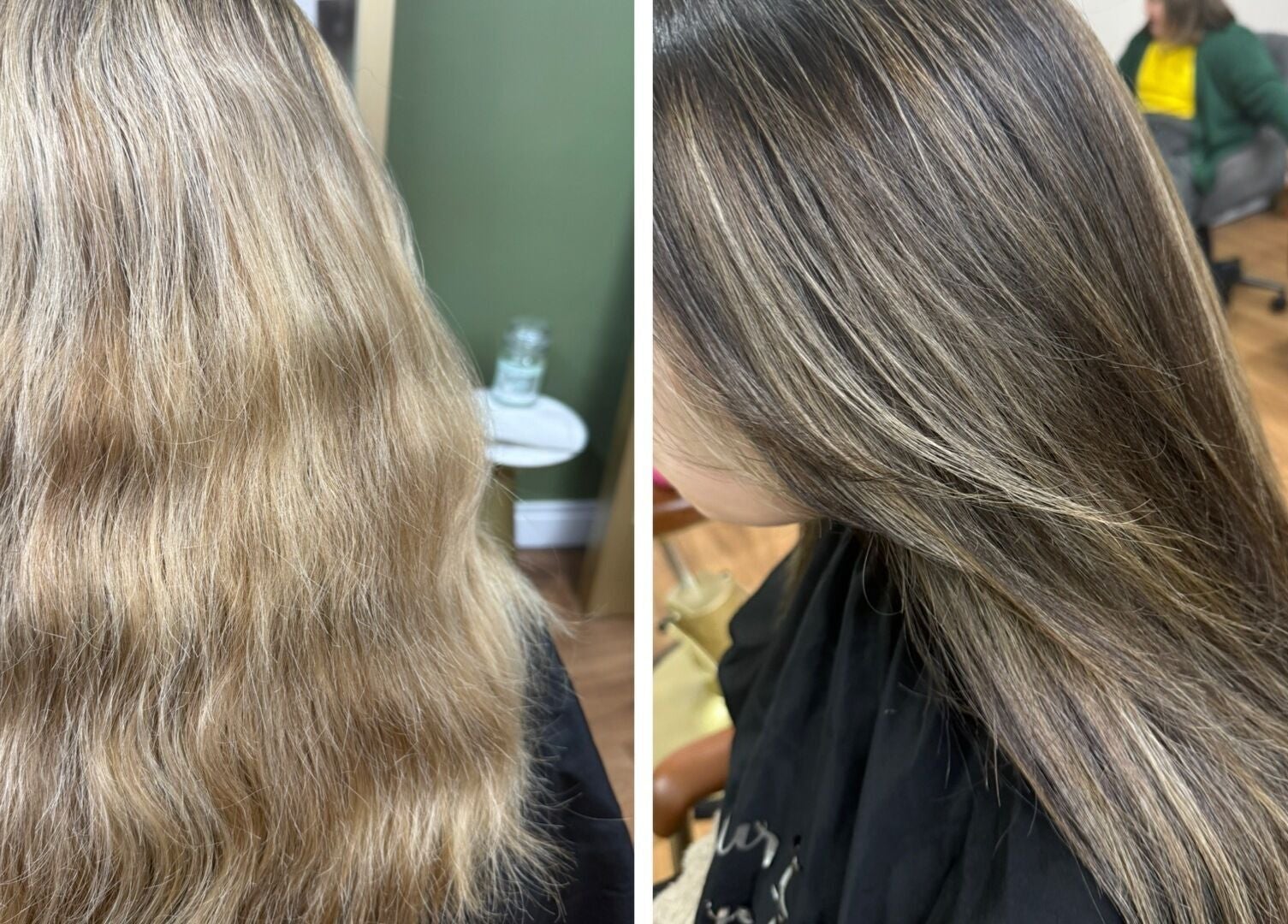 Before and after hair transformation at Hair By Amy in Oswestry, England. Stunning smooth and shiny results.