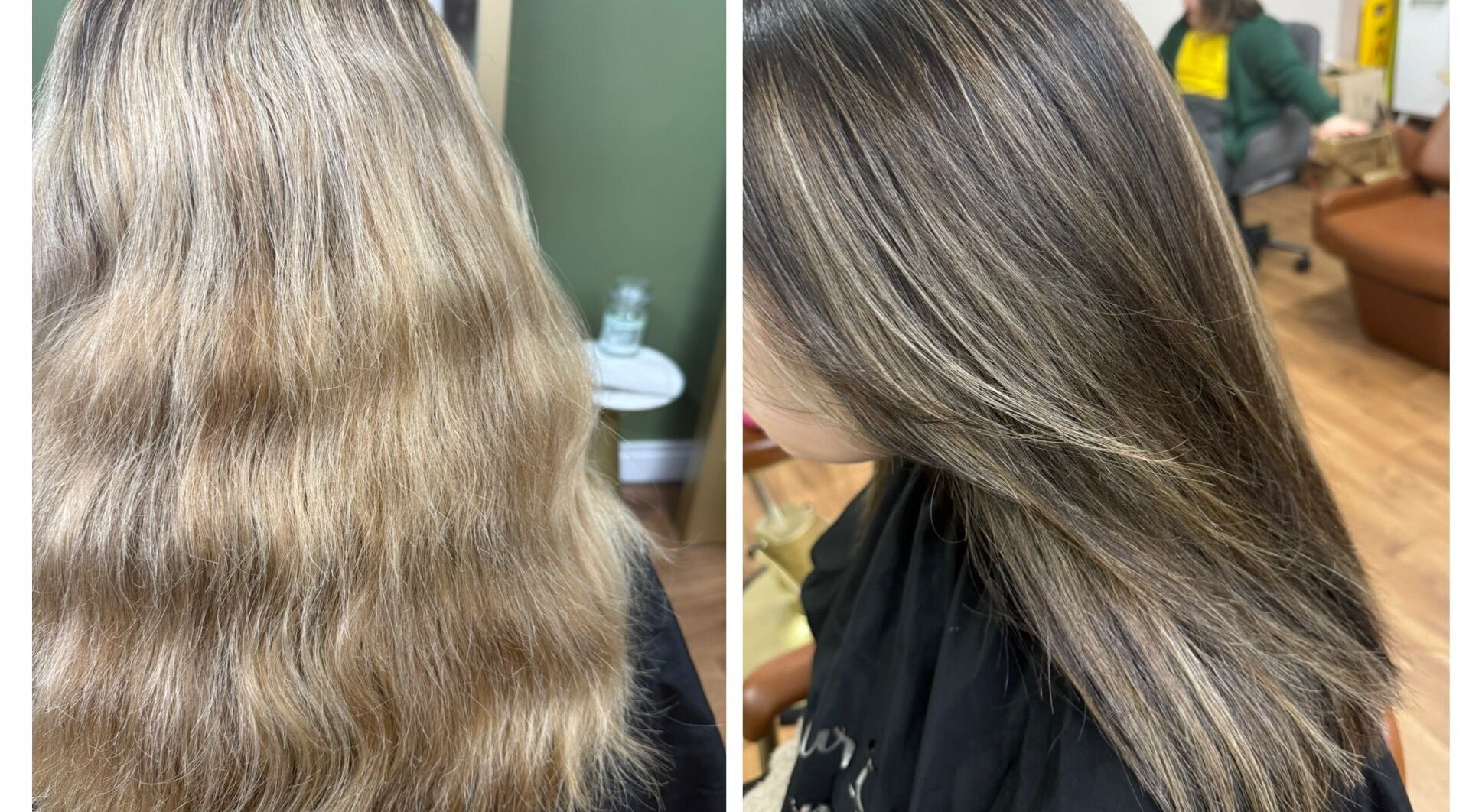 Before and after hair transformation at Hair By Amy in Oswestry, England. Stunning smooth and shiny results.