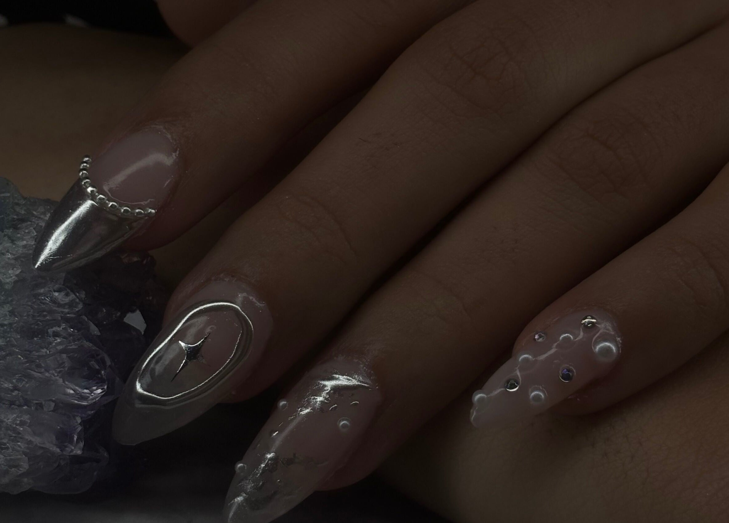 Intricate chrome and crystal nail art at Glam Tech Tiana, Burnaby, British Columbia, CA.