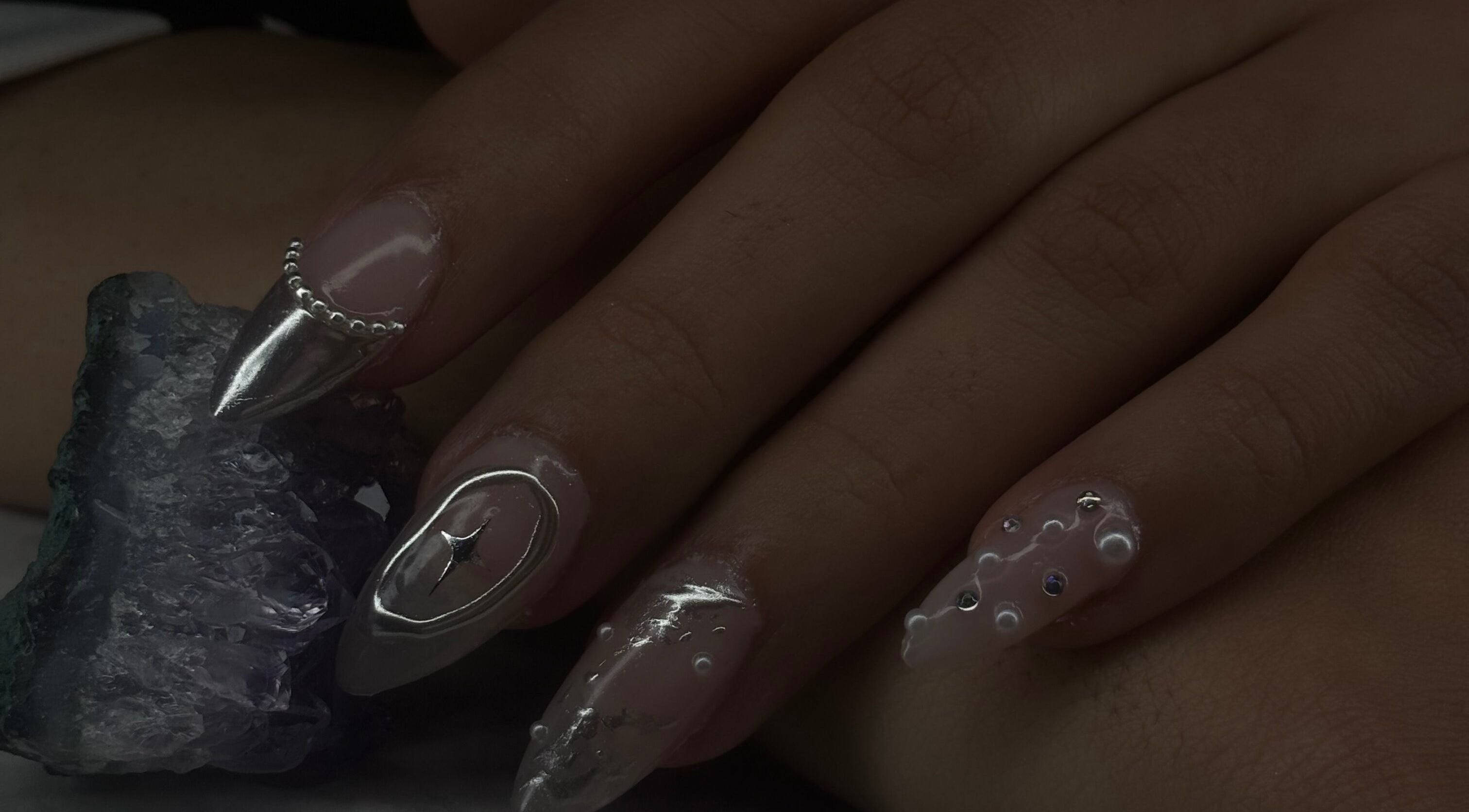 Intricate chrome and crystal nail art at Glam Tech Tiana, Burnaby, British Columbia, CA.