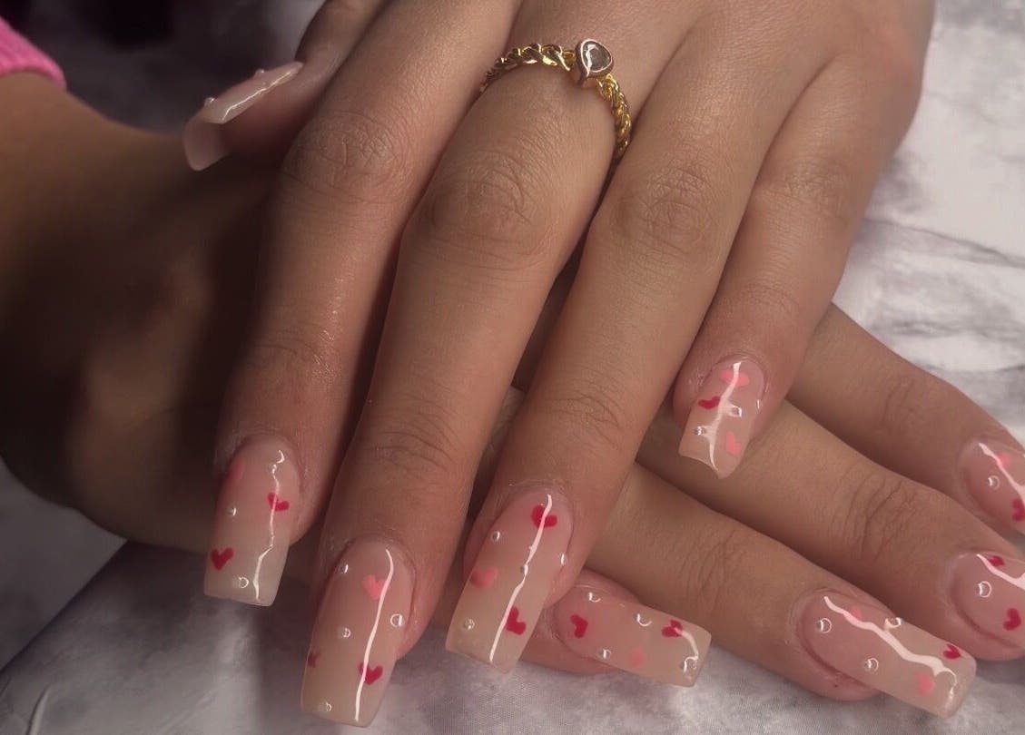 Elegant nail art with hearts at Glam Tech Tiana, Burnaby, British Columbia, CA.