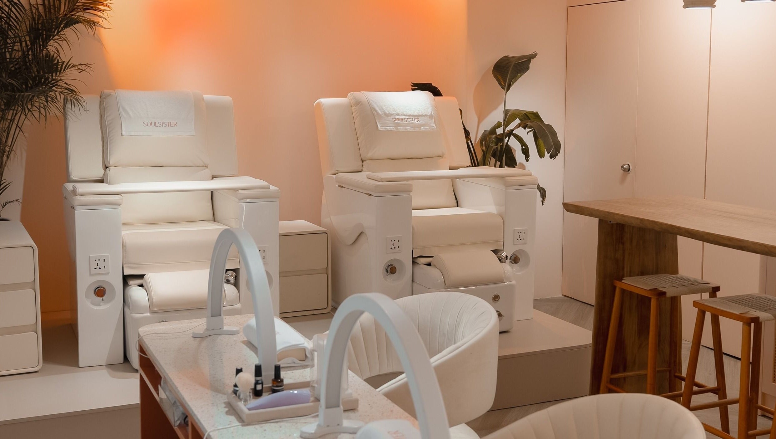 Luxurious nail salon chairs at Soulsister Nail, Hong Kong Island, HK, offering a relaxing experience.